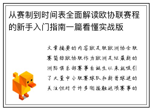 从赛制到时间表全面解读欧协联赛程的新手入门指南一篇看懂实战版